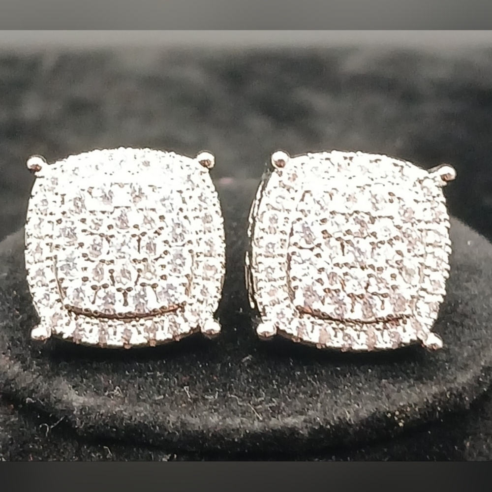 Silver Plated Square Zircon Stud Earrings - Micro Pave AAA Zircon Stone 12.6mm‌